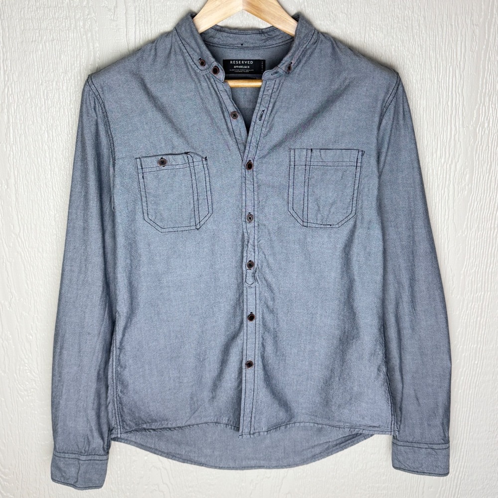 Reserved Apparel & Co Mens Slim Fit Cotton Band Collar Shirt Blue Large